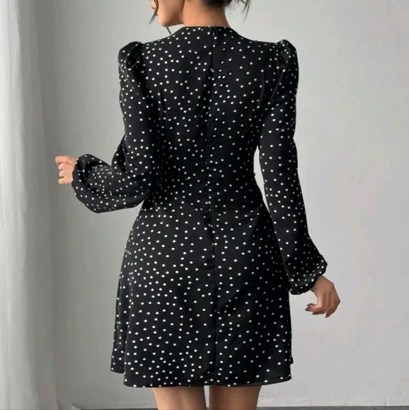 Women's Elegant Polka Dot Print Bow-Tie Waist Long Sleeve Dress - Picture 3 of 3